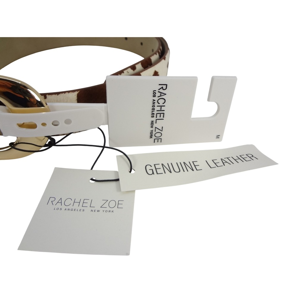 Rachel Zoe Belt Women Medium Brown White NEW Cowhide Hair-on-Hide Leather Gold
